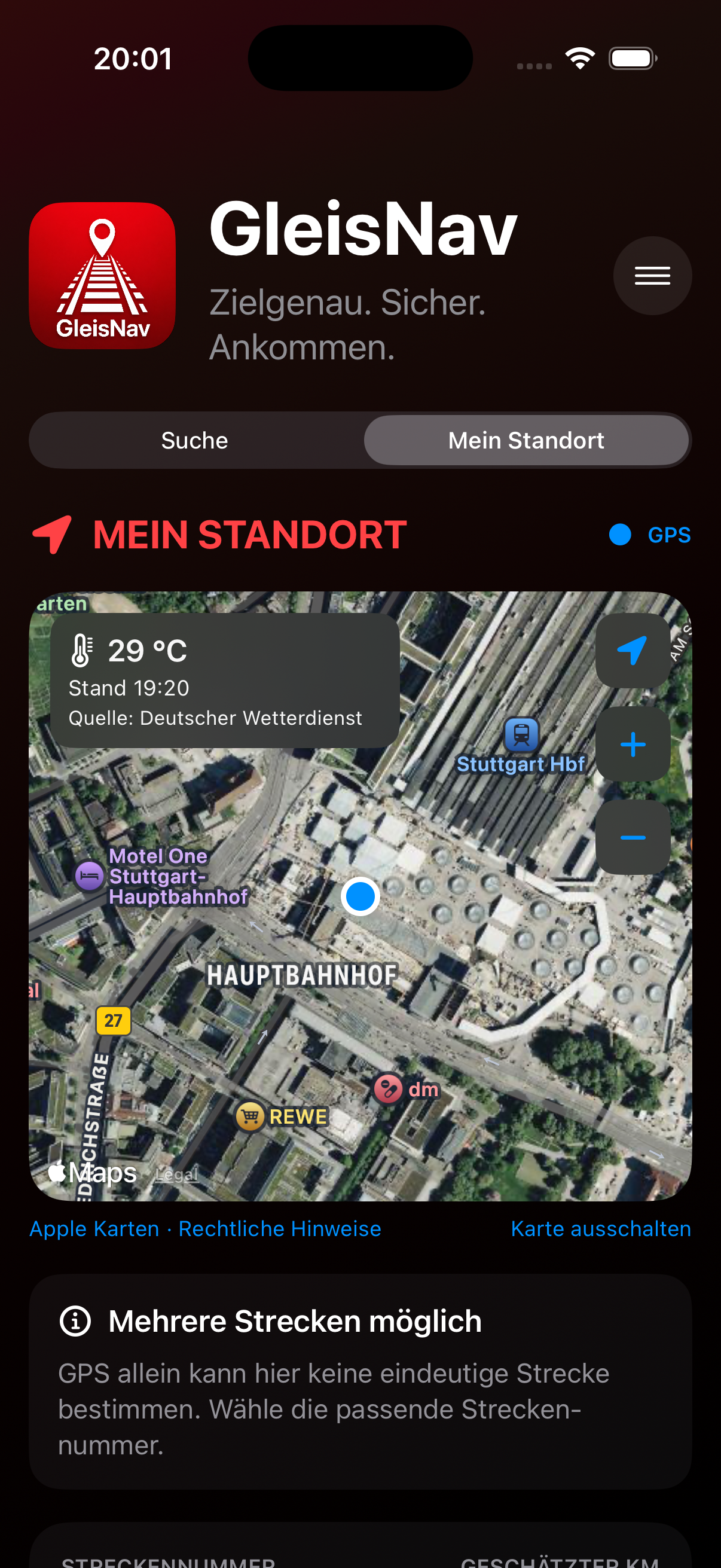 GleisNav auf dem iPhone: Satellitenansicht am Stuttgarter Hauptbahnhof mit Standortpunkt und DWD-Temperatur samt Messzeit.